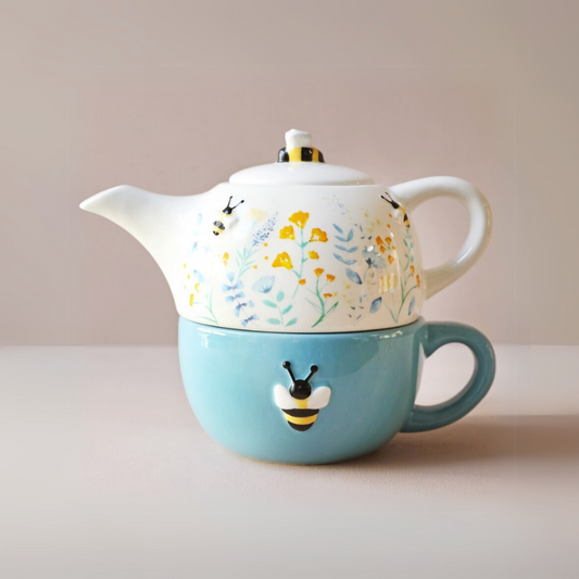 Floral Teapot & Cup Set | Blue & White | Floral | Bee Design