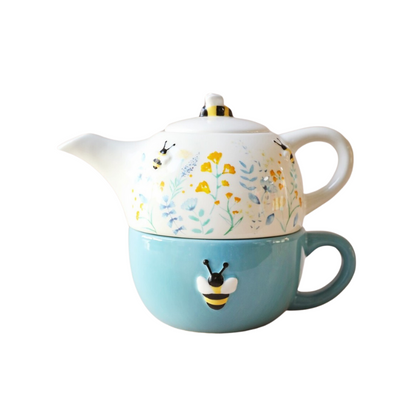Floral Teapot & Cup Set | Blue & White | Floral | Bee Design