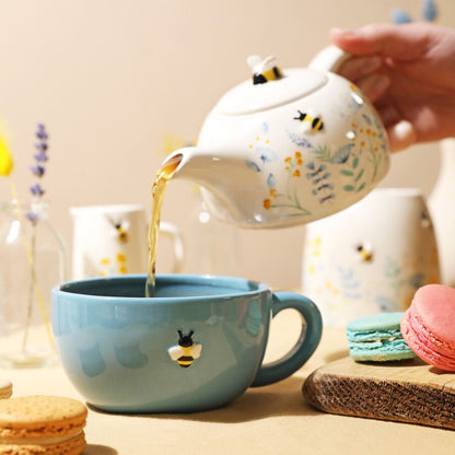 Floral Teapot & Cup Set | Blue & White | Floral | Bee Design